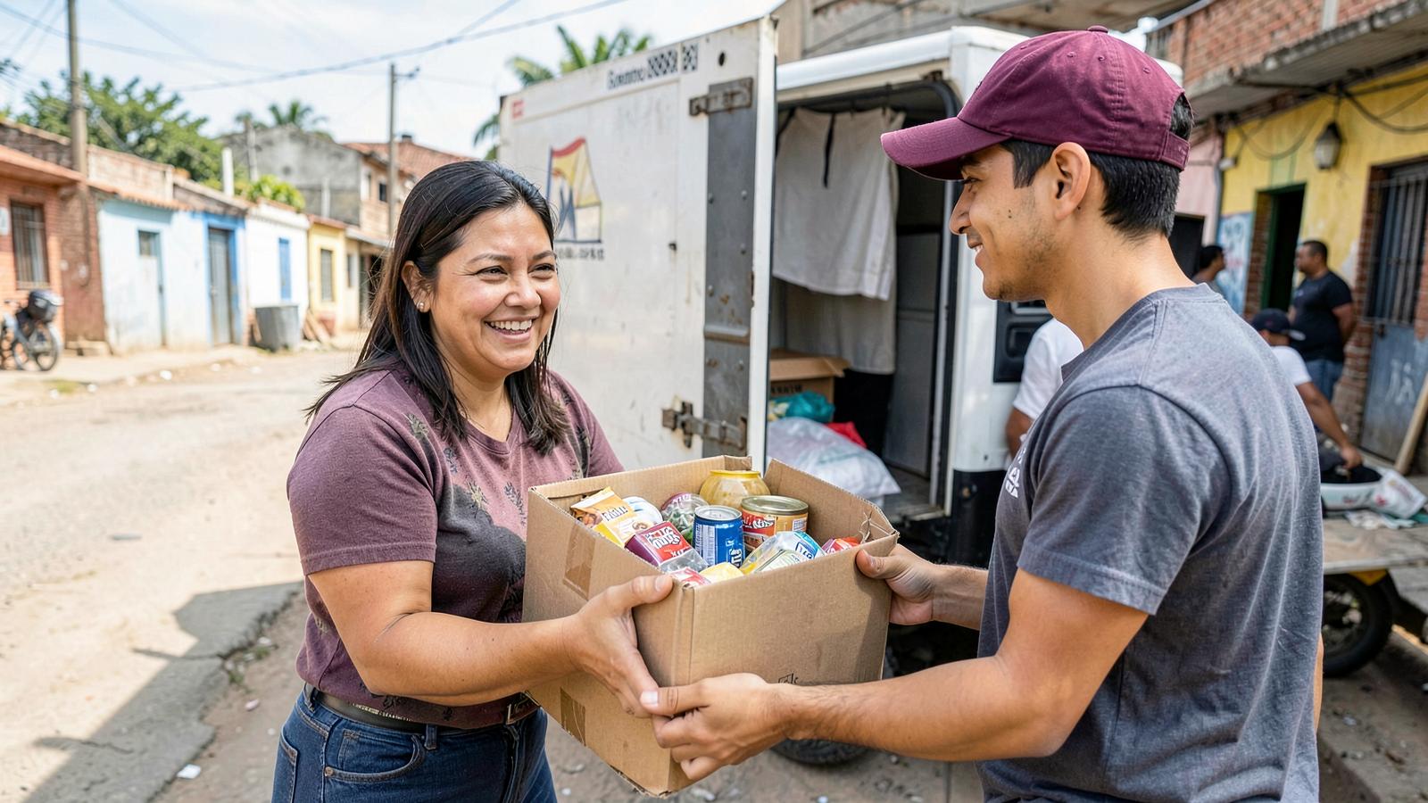Mujer recibiendo una caja con productos básicos